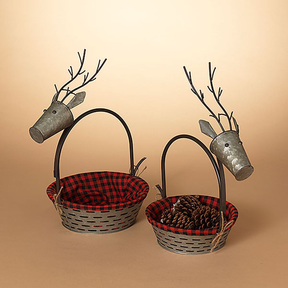 Gerson Company Set of 2 Metal Deer Baskets W/ Plaid Fabric Liner