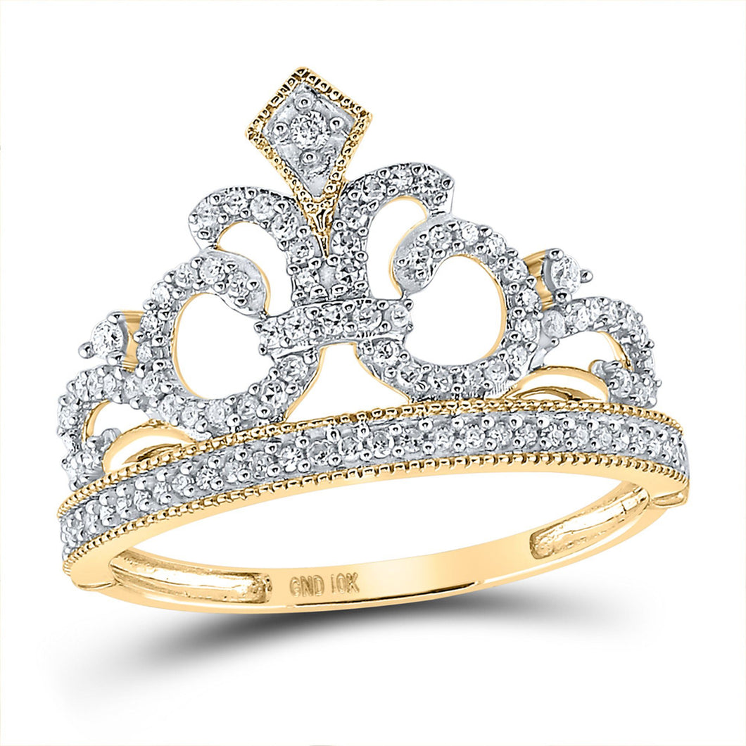 10Kt Yellow Gold Womens Diamond Fleur Crown Tiara Fashion Ring 1/5 Cttw, S/7