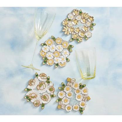 Kim Seybert Gardenia Drink Coasters In Sky, White & Yellow, Set Of 4