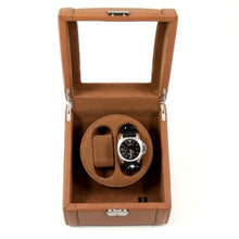Load image into Gallery viewer, Bey Berk Tan Leather 2 Watch Winder With Glass Top