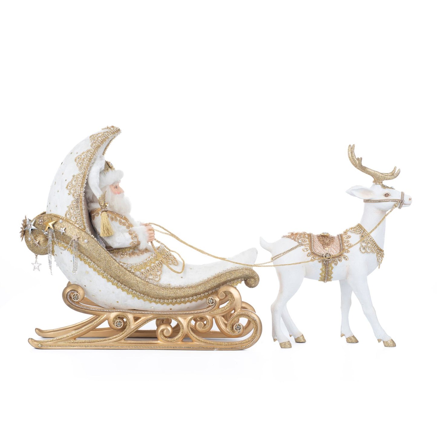 Katherine's Collection 2023 16" Celestial Moon Sleigh with Reindeer, White/Gold Resin
