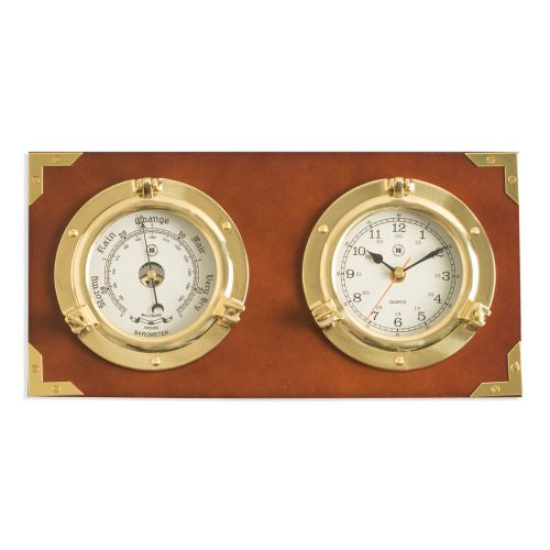 Two Porthole Quartz Clock & Barometer On Teak Finished Wood