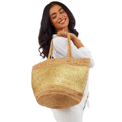 Golden State of Mind Natural Jute Woven Tote Bag w/ Metallic Gold Accent - Jute