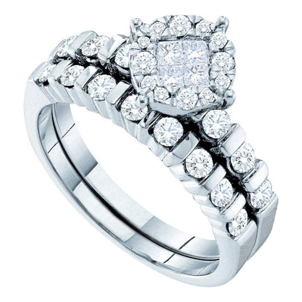 GND 14kt White Gold Princess Diamond Bridal Wedding Ring Band Set 7/8 Cttw, S/7