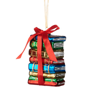 Goodwill Glass Stack Of Books With Bow Ornament Blue/Red/Green 11.5Cm