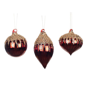 Glass Glittered/Beaded Top Stripe Ball/Finial Ornament Red, Set Of 3, Assortment