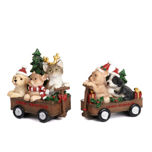 Christmas Cats/Dogs In Cart Two-tone Brown/Green 11Cm, Set/2, Assortment