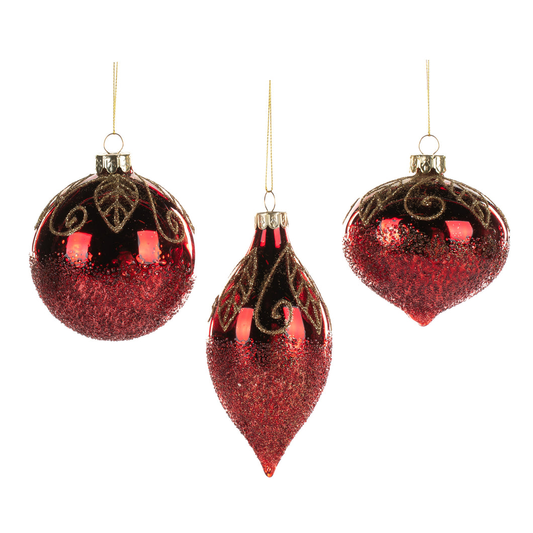 Glass Swirl Top Crush Ball/Finial Ornament Red 8Cm, Set Of 3, Assortment