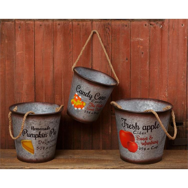 Your Heart's Delight Set of 3 Buckets-Fresh Apple Cider, Pumpkin Pie, Candy Corn