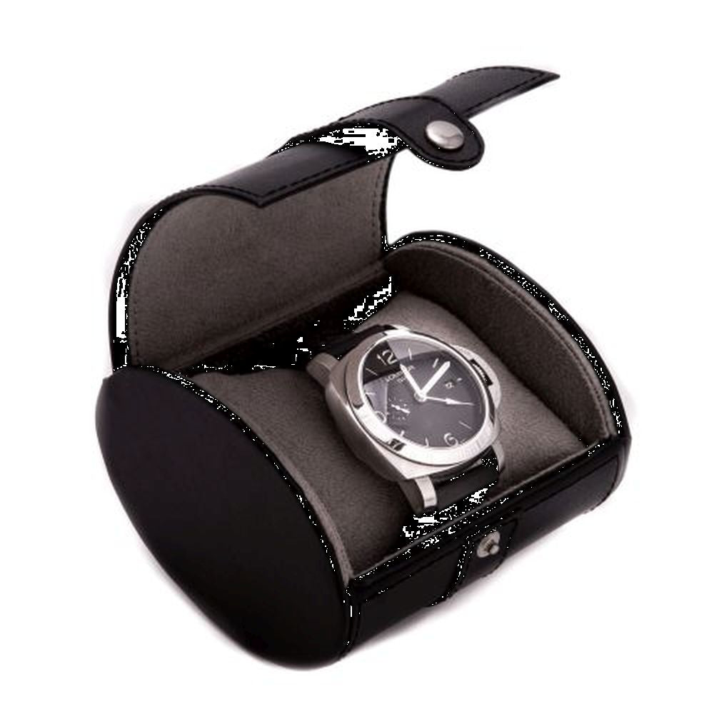 Black Leather Single Watch Travel Case With Snap Closure