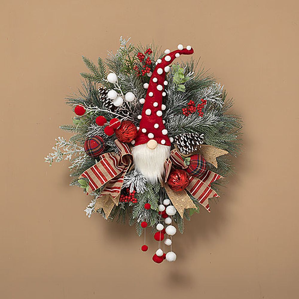 Gerson 26" Holiday Pine & Pinecone Wreath with Bow, Plush Gnome & Pom Pom