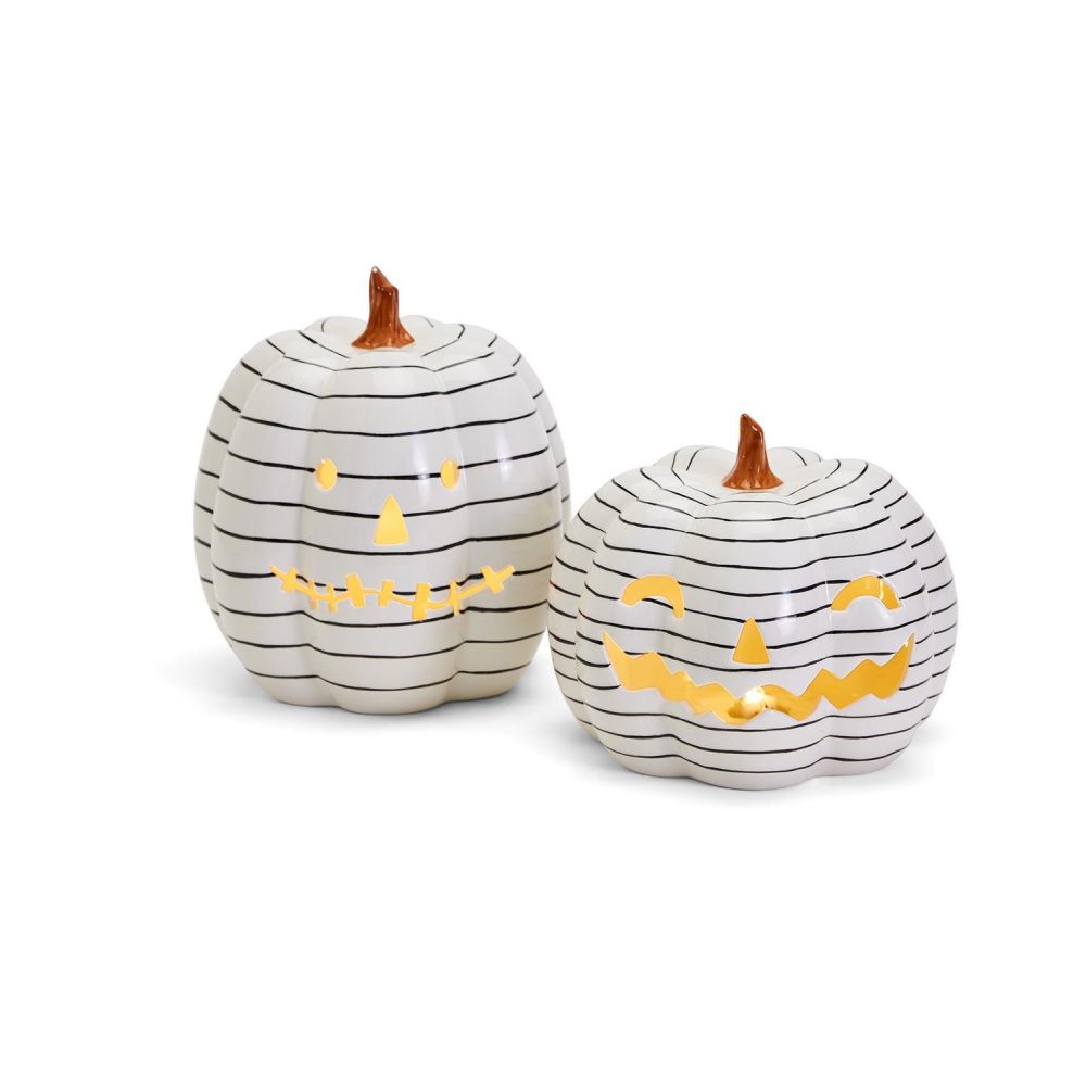 Two's Company Jack-o-Lantern Set of 2 Stripped LED Pumpkins.