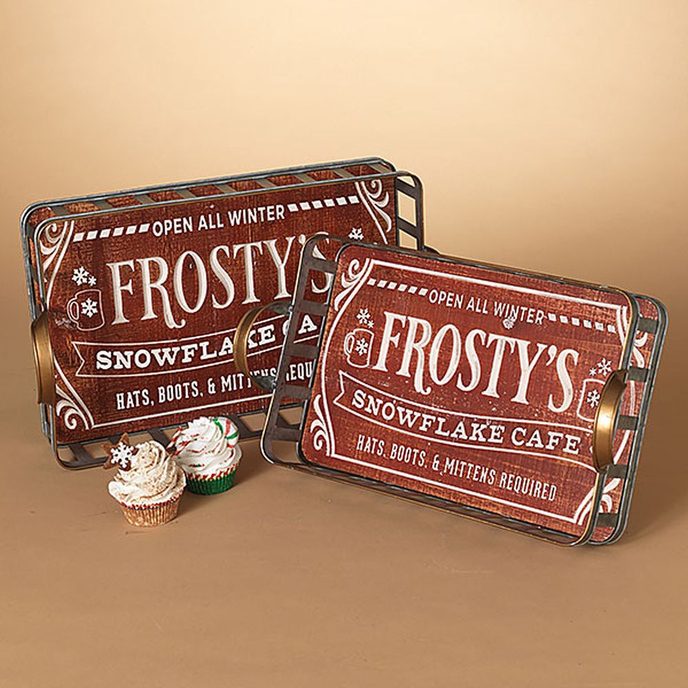 Gerson Company Set of 2 Nesting Wood & Metal Holiday "Frosty'S" Trays