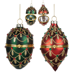 Glass Jewel Egg/Finial Box Ornament Red/Green 11Cm, Set Of 2, Assortment