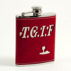 Bey Berk 6 Oz. Stainless Steel Red Leather "T.G.I.F." Flask