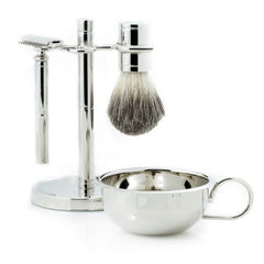 Safety Razor & Pure Badger Brush With Soap Dish On Stand