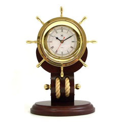 Lacquered Brass Ships Wheel Clock, Solid Teakwood Base