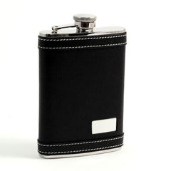 8 Oz. Stainless Steel Black Leather Flask, White Stitching