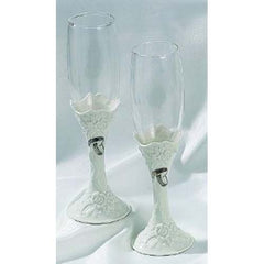 Leeber Wedding Goblets, Pair, Porcelain and Glass, Floral Design Stem