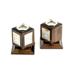Walnut Three Time Zone Revolving Desk Clock With Compass Top