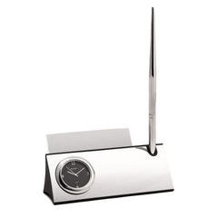 Silver Plated Desk Quartz Clock, Business Card Holder & Pen