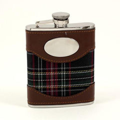 6 Oz Stainless Steel Brown Leather & Blue Plaid Fabric Flask