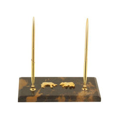 Stock Market, "Tiger Eye" Marble With Gold Double Pen Stand