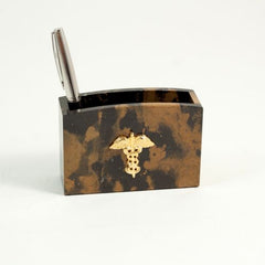 Medical, "Tiger Eye" Marble Pen Cup With Gold Plated Accents