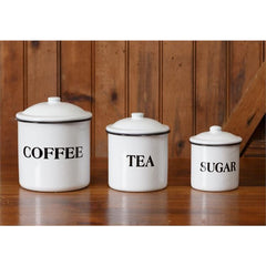 Your Heart's Delight Set of 3 White Enamelware - Canisters; Coffee, Tea, Sugar