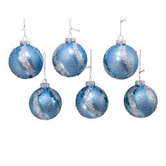 Kurt Adler Set Of 6 80mm Blue Ball Ornaments w/ Silver Glitter & Sequin, Glass