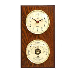 Quartz Clock & Barometer With Thermometer On Oak Wood