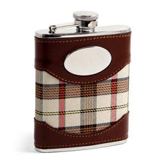 6 Oz. Stainless Steel Flask,  Brown Leather & Beige Fabric