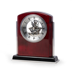 Lacquered Mahogany Wood Skeleton Clock w/ Stainless Steel