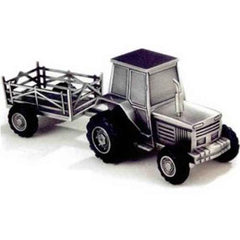 Leeber Tractor Bank with Trailer, Pewter Finish, 4" x 4.4" x 5.4"