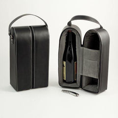 Black Leather Wine Caddy For Two Bottles & Bar Tool