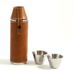 10 Oz. Stainless Steel Tan Leather Flask & Two Cups