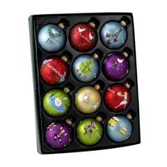 Kurt Adler Glass "12 Days Of Christmas" Ball Ornament - 12 Piece Box, Blue